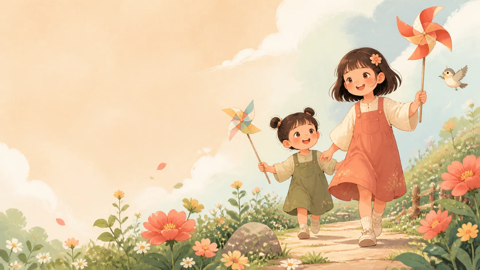 两个孩子拿着风车走在花园小路上的原创插画